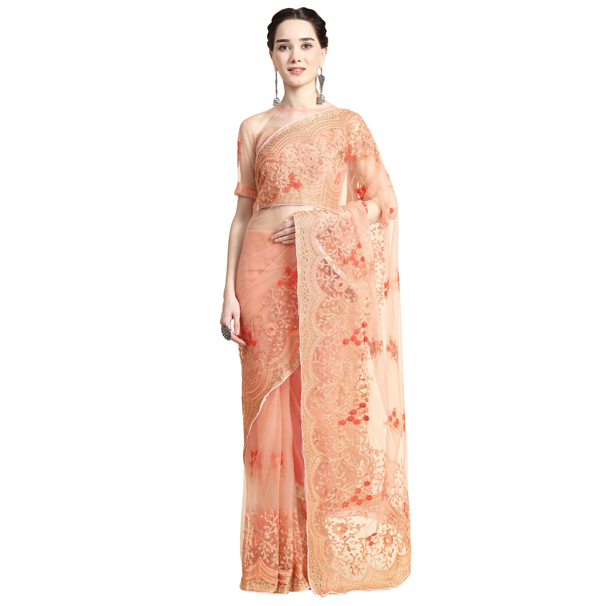 Women's Self Color Thread Embroidery Paty Wear Contemporary Net Saree With Blouse Piece (Orange) - NIMIDHYA