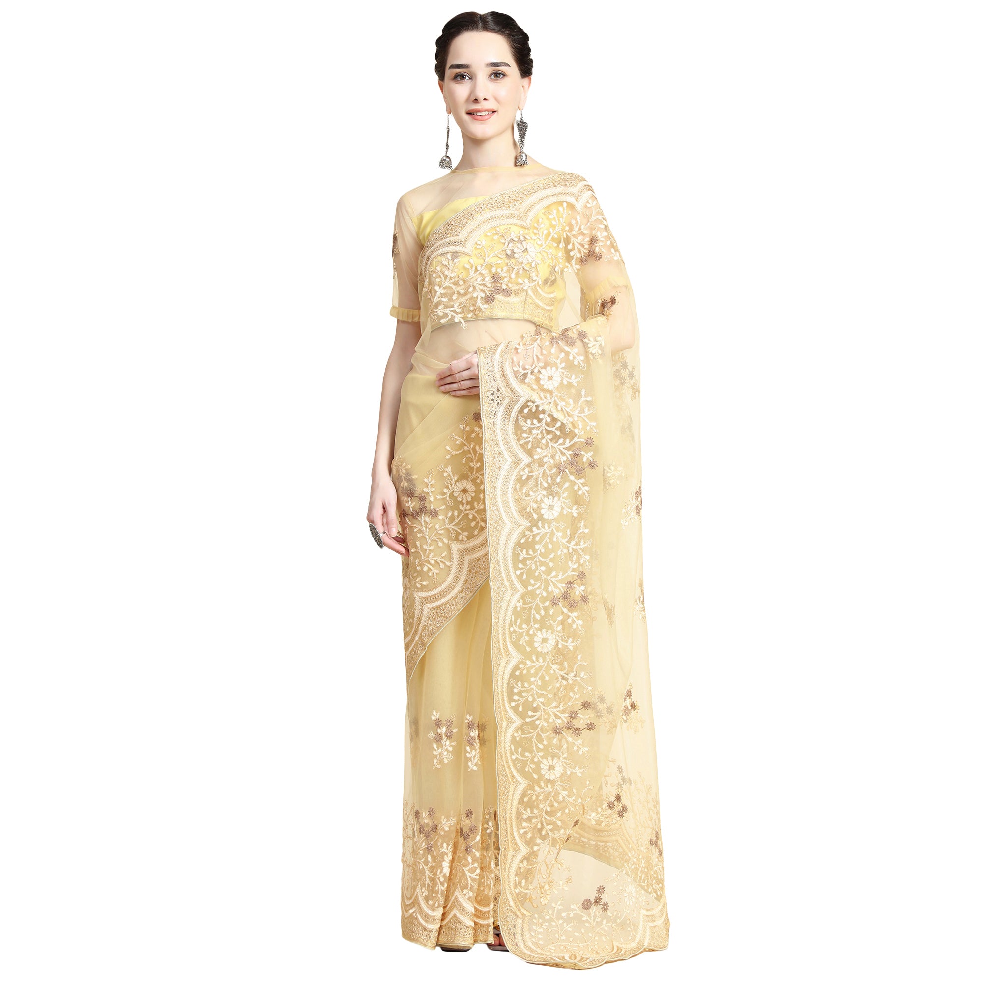 Women's Self Color Thread Embroidery Paty Wear Contemporary Net Saree With Blouse Piece (Yellow) - NIMIDHYA