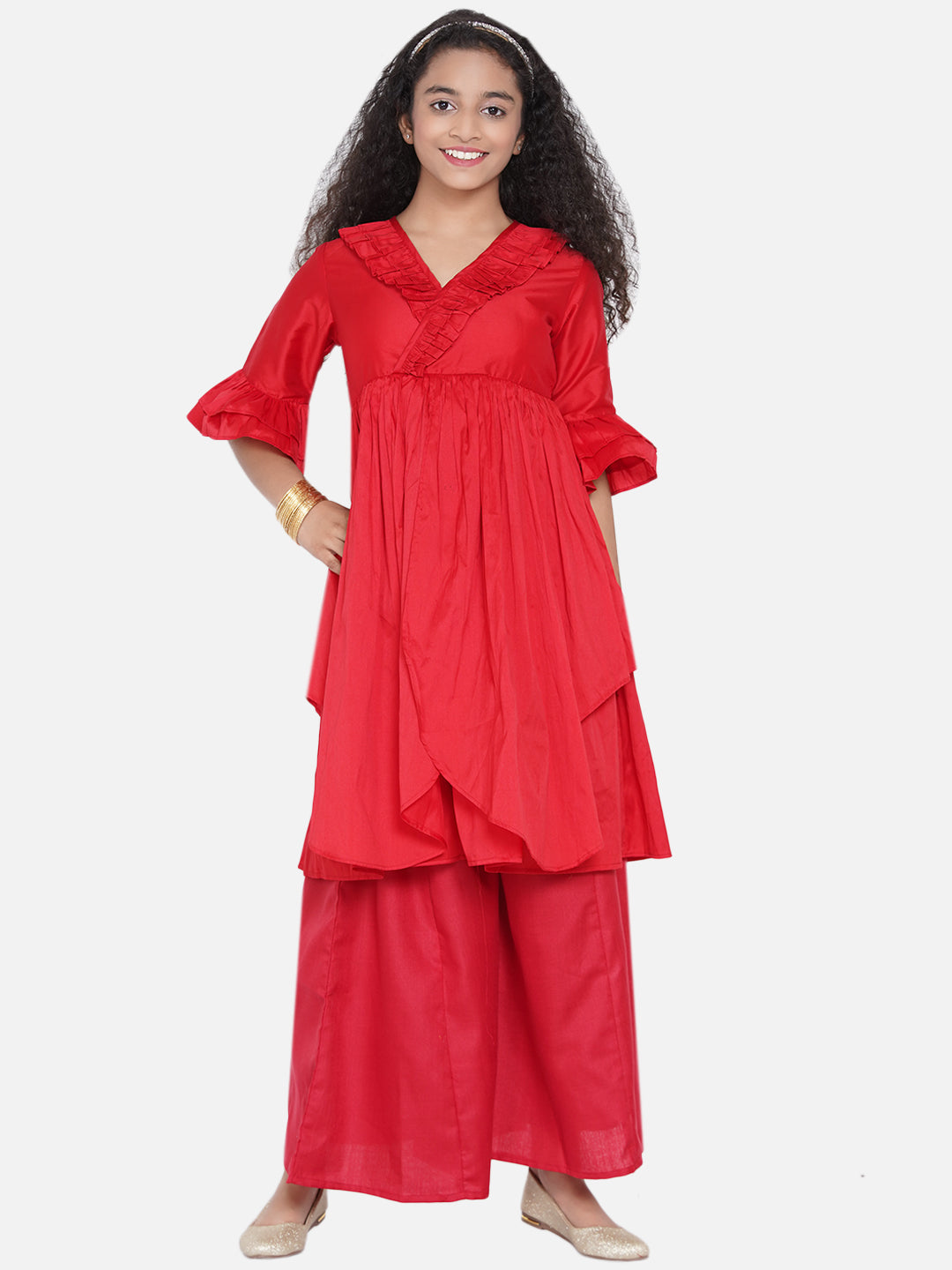 Girl's Red Pleated Asymmetric Kurta With Palazzos - Bitiya By Bhama