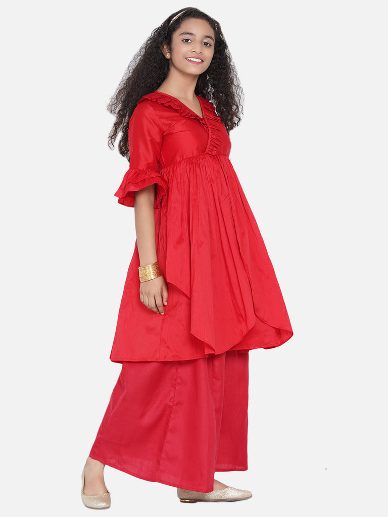 Girl's Red Pleated Asymmetric Kurta With Palazzos