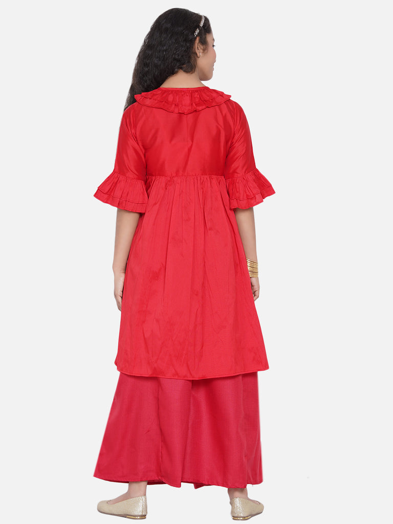 Girl's Red Pleated Asymmetric Kurta With Palazzos