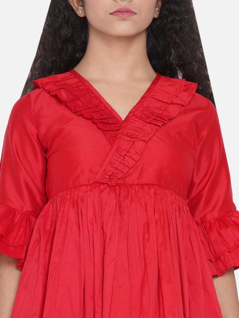 Girl's Red Pleated Asymmetric Kurta With Palazzos