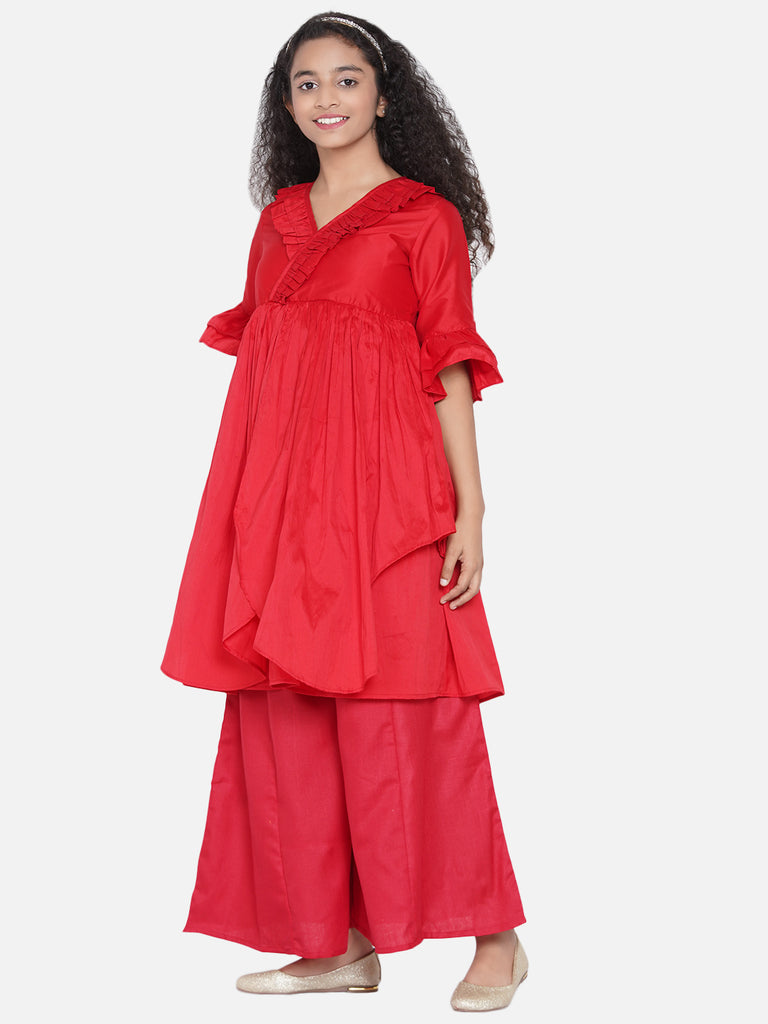 Girl's Red Pleated Asymmetric Kurta With Palazzos