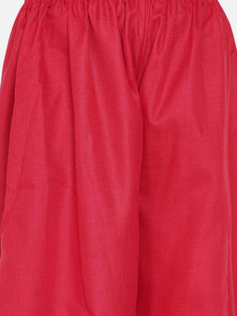 Girl's Red Pleated Asymmetric Kurta With Palazzos