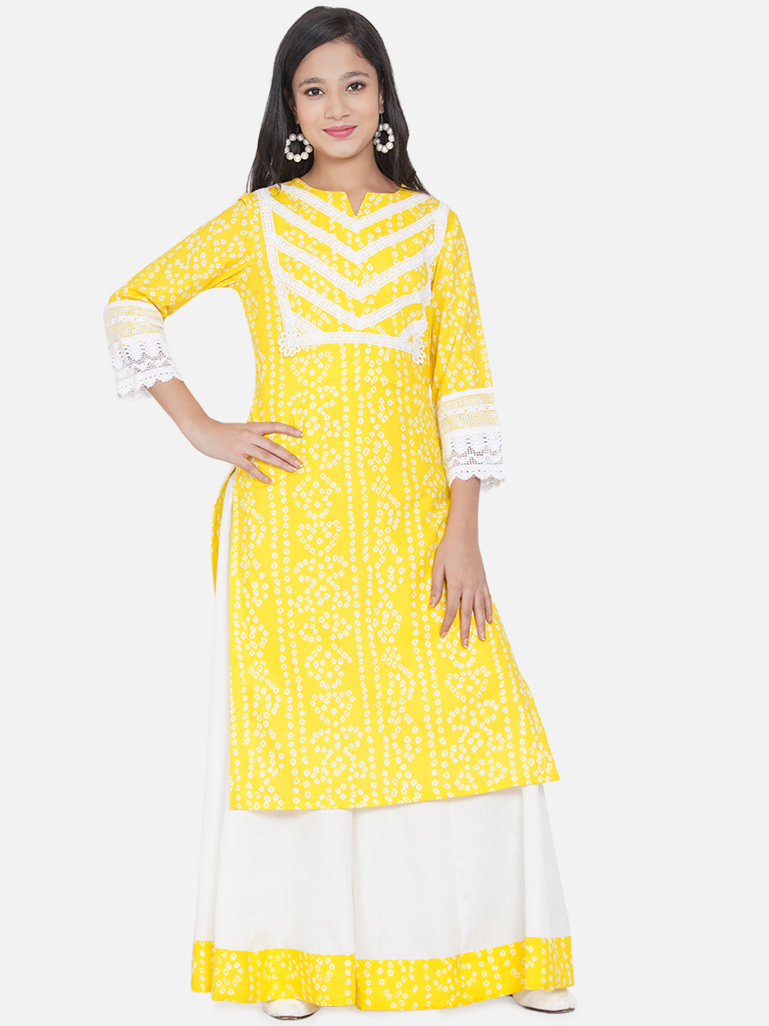 Girl's Yellow & White Ethnic Motifs Printed Kurta With Sharara - Bitiya By Bhama