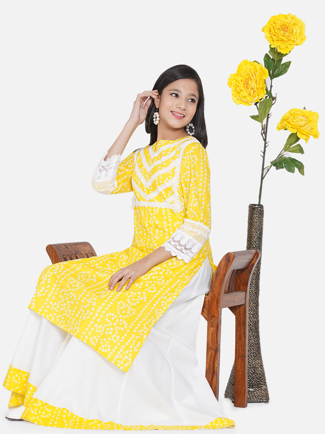 Girl's Yellow & White Ethnic Motifs Printed Kurta With Sharara - Bitiya By Bhama