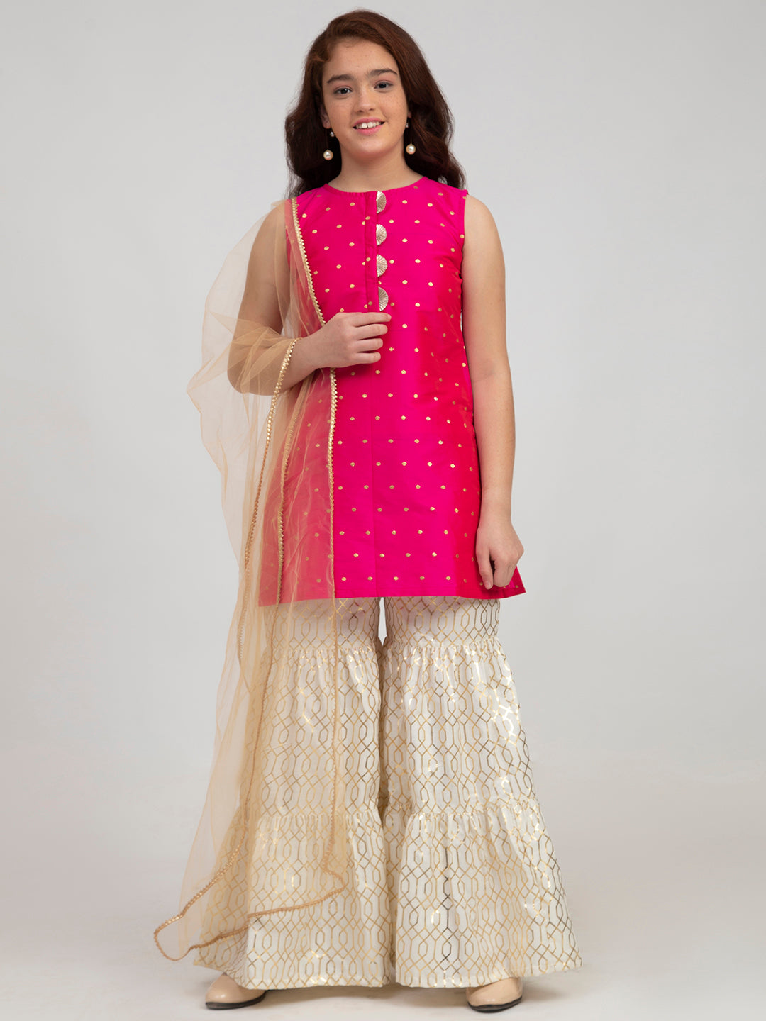 Girl's Pink And White Printed Kurta And Sharara With Dupatta - Bitiya By Bhama