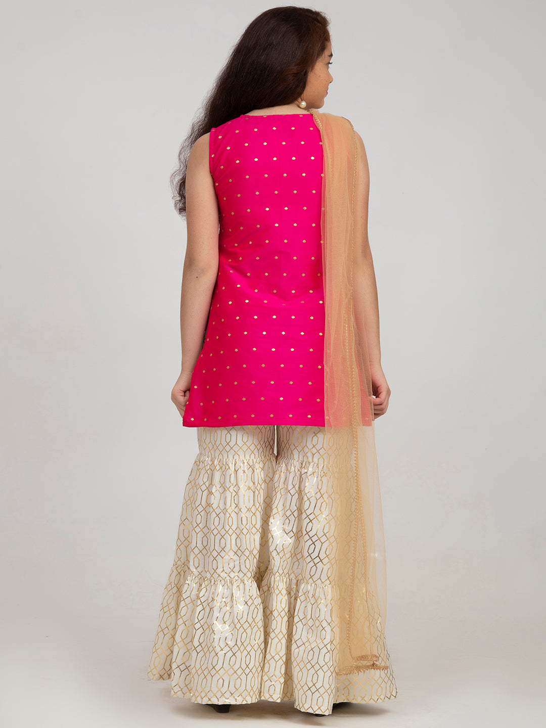 Girl's Pink And White Printed Kurta And Sharara With Dupatta - Bitiya By Bhama