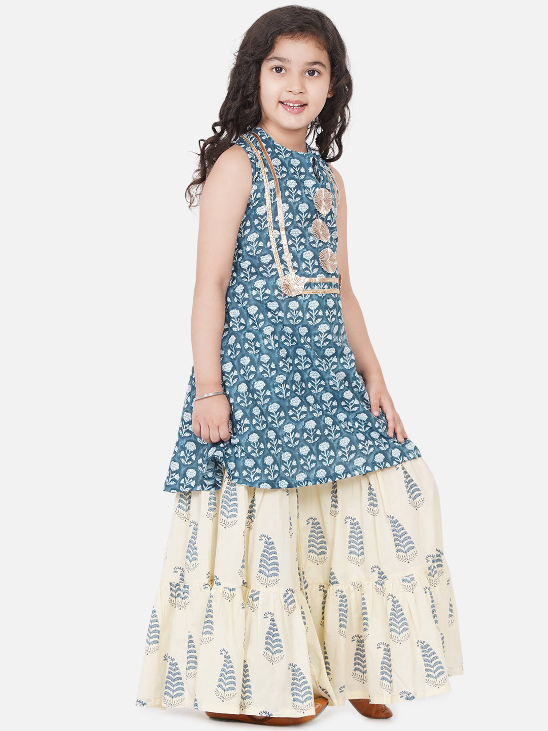 Girl's Blue-Printed Kurta With Sharara