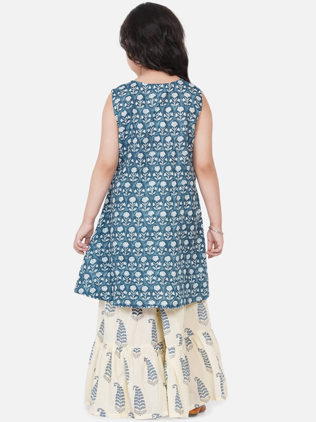 Girl's Blue-Printed Kurta With Sharara