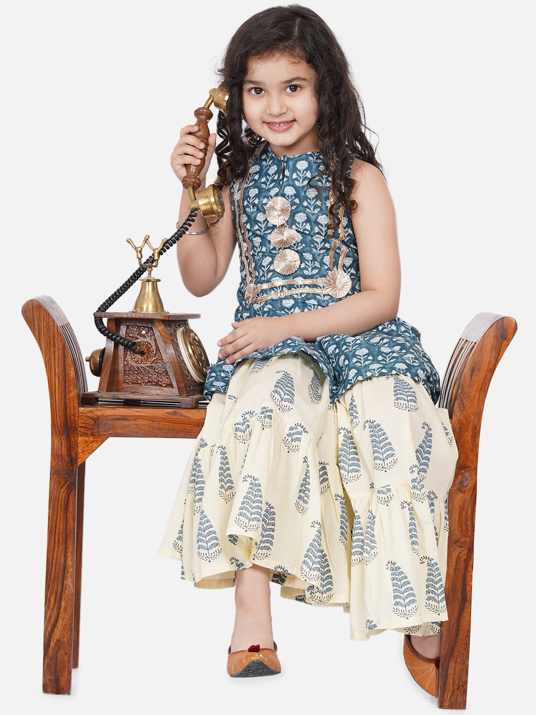 Girl's Blue-Printed Kurta With Sharara