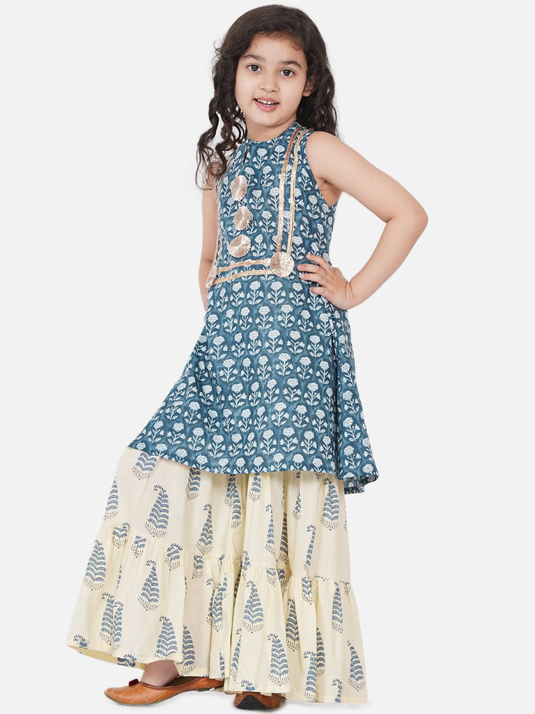 Girl's Blue-Printed Kurta With Sharara