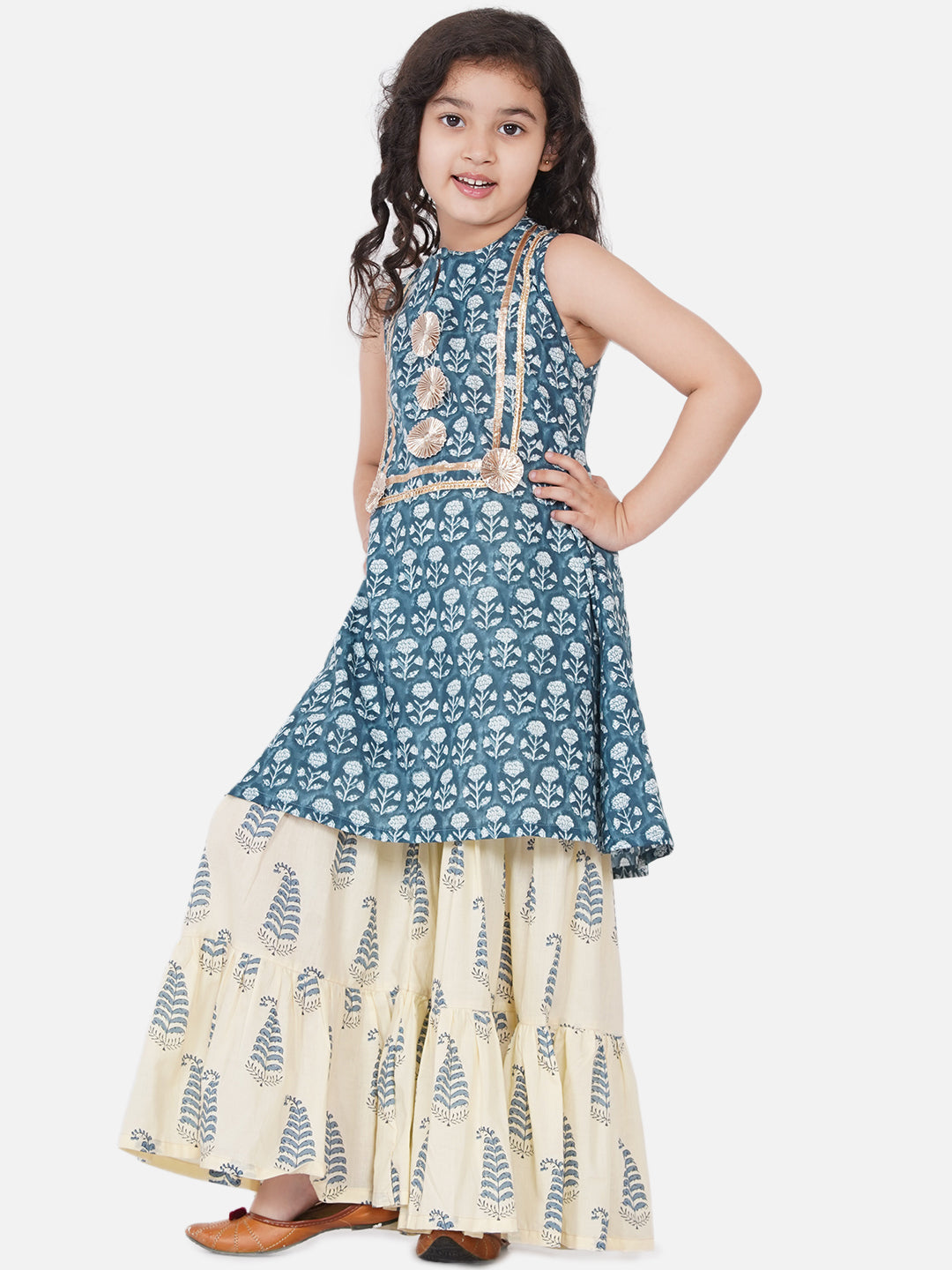 Girl's Blue-Printed Kurta With Sharara