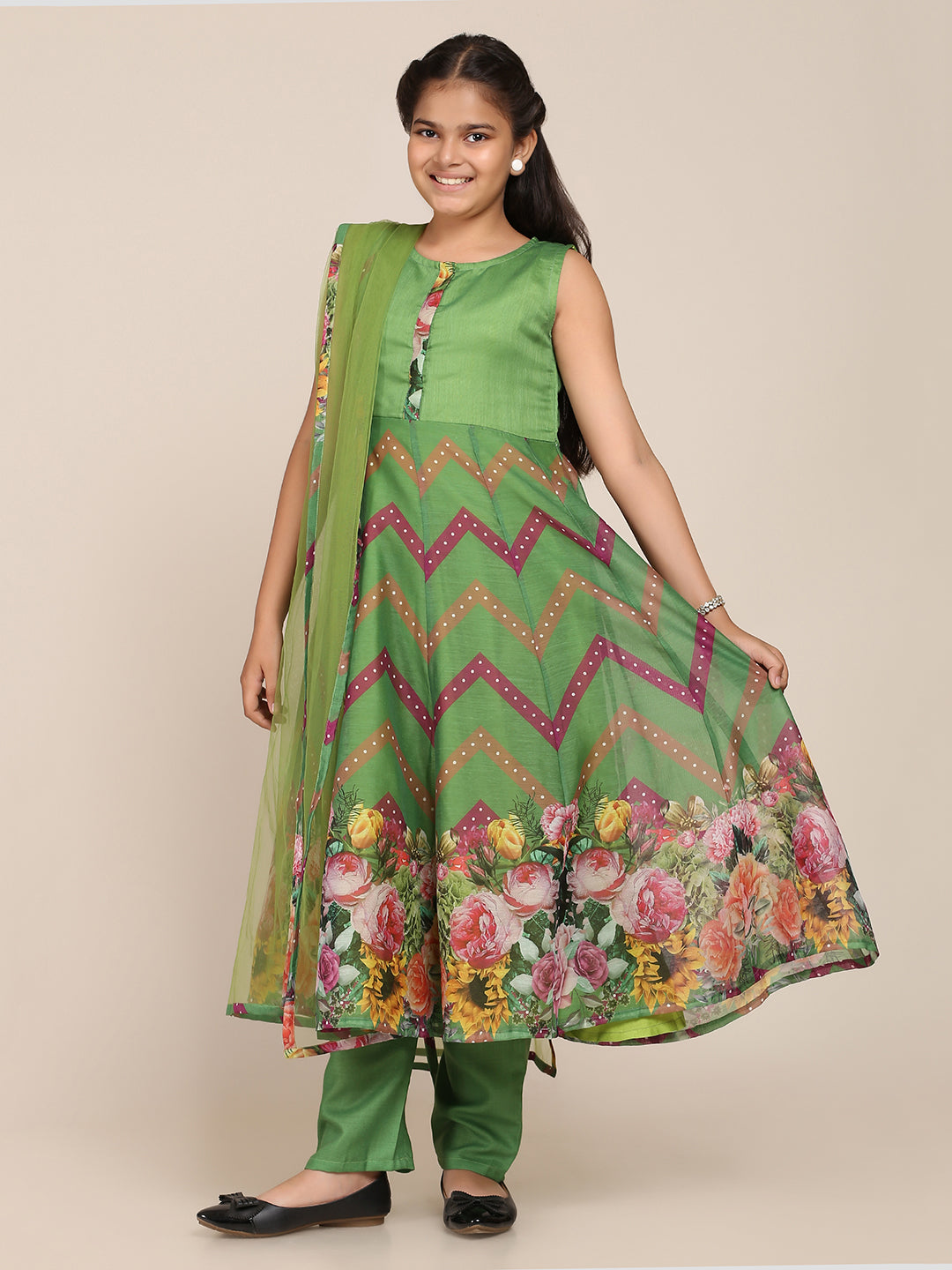 Girl's Green Digital Print Anarkali With Pant With Dupatta - Bitiya By Bhama