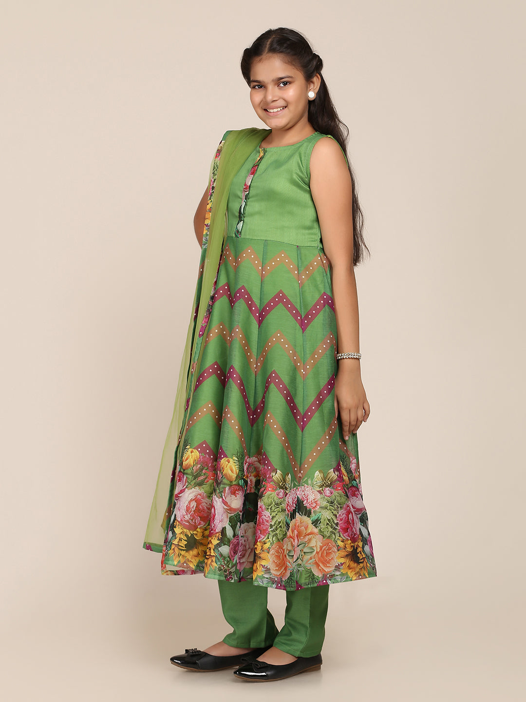Girl's Green Digital Print Anarkali With Pant With Dupatta - Bitiya By Bhama