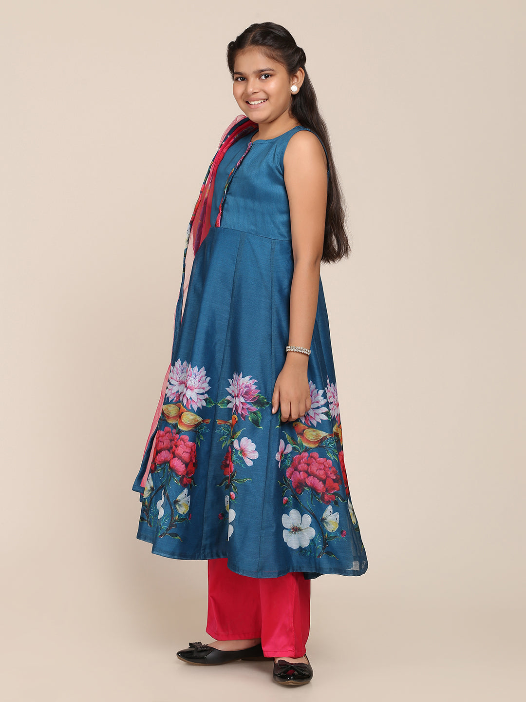 Girl's Blue Digital Print Anarkali With Pant With Dupatta - Bitiya By Bhama