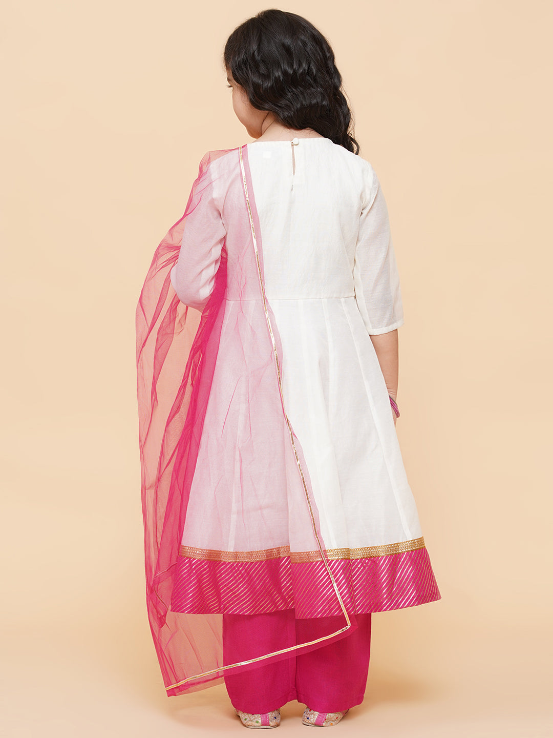 Girl's White Embroidered Anarkali  Kurta With Trouser & With Dupatta - Bitiya By Bhama