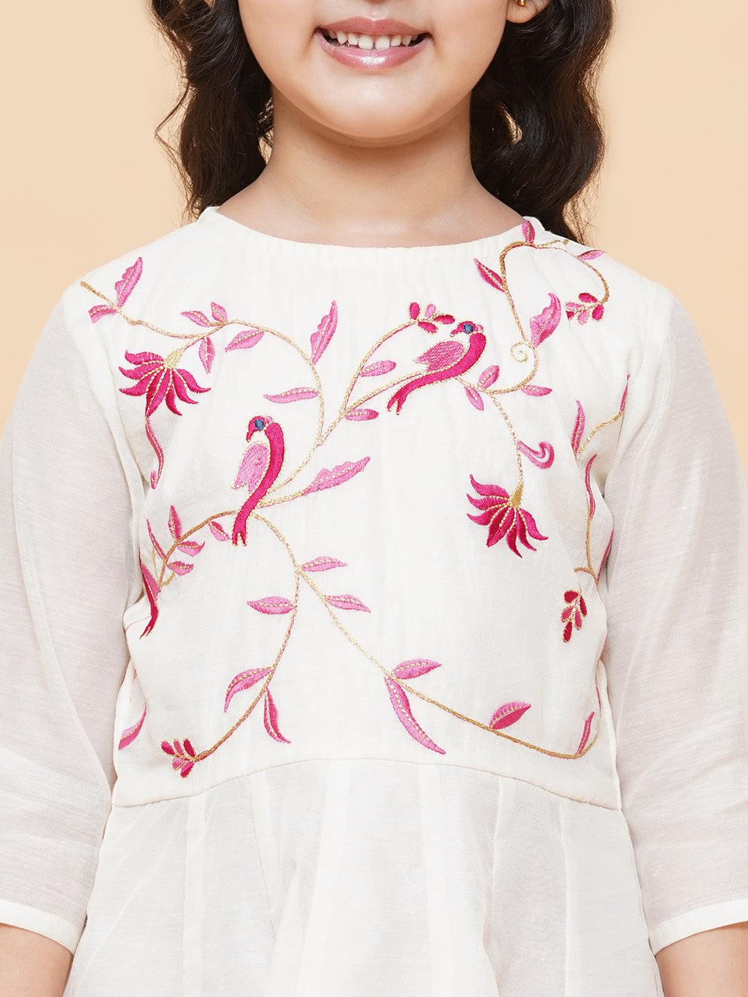 Girl's White Embroidered Anarkali  Kurta With Trouser & With Dupatta - Bitiya By Bhama