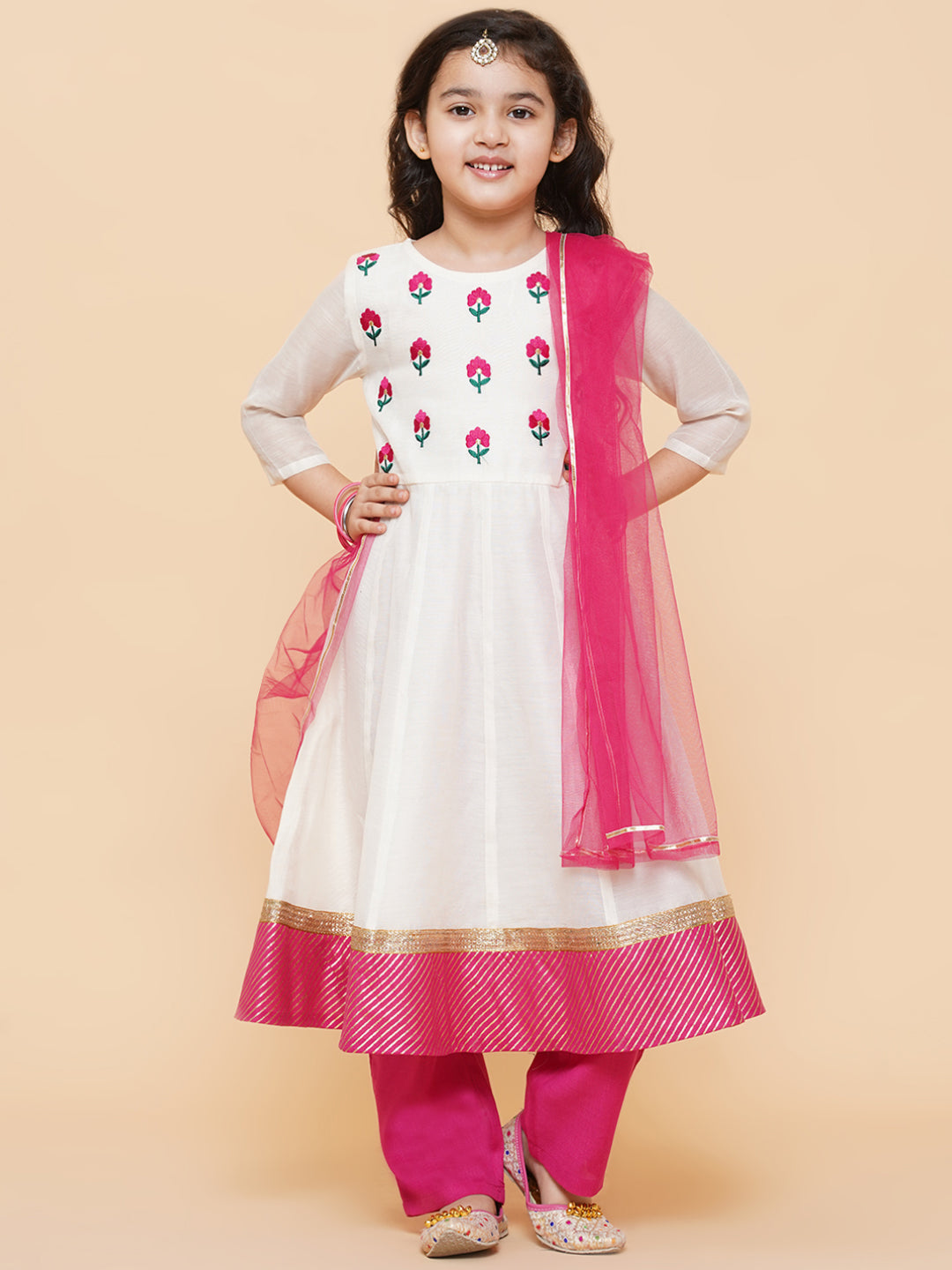 Girl's White Embroidered Anarkali Kurta With Trouser & With Dupatta - Bitiya By Bhama