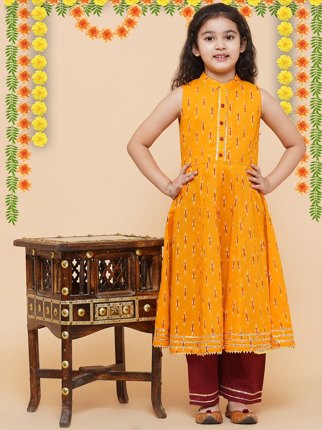 Girl's Mustard Coloured  Anarkali Kurta With Palazzos - Bitiya By Bhama