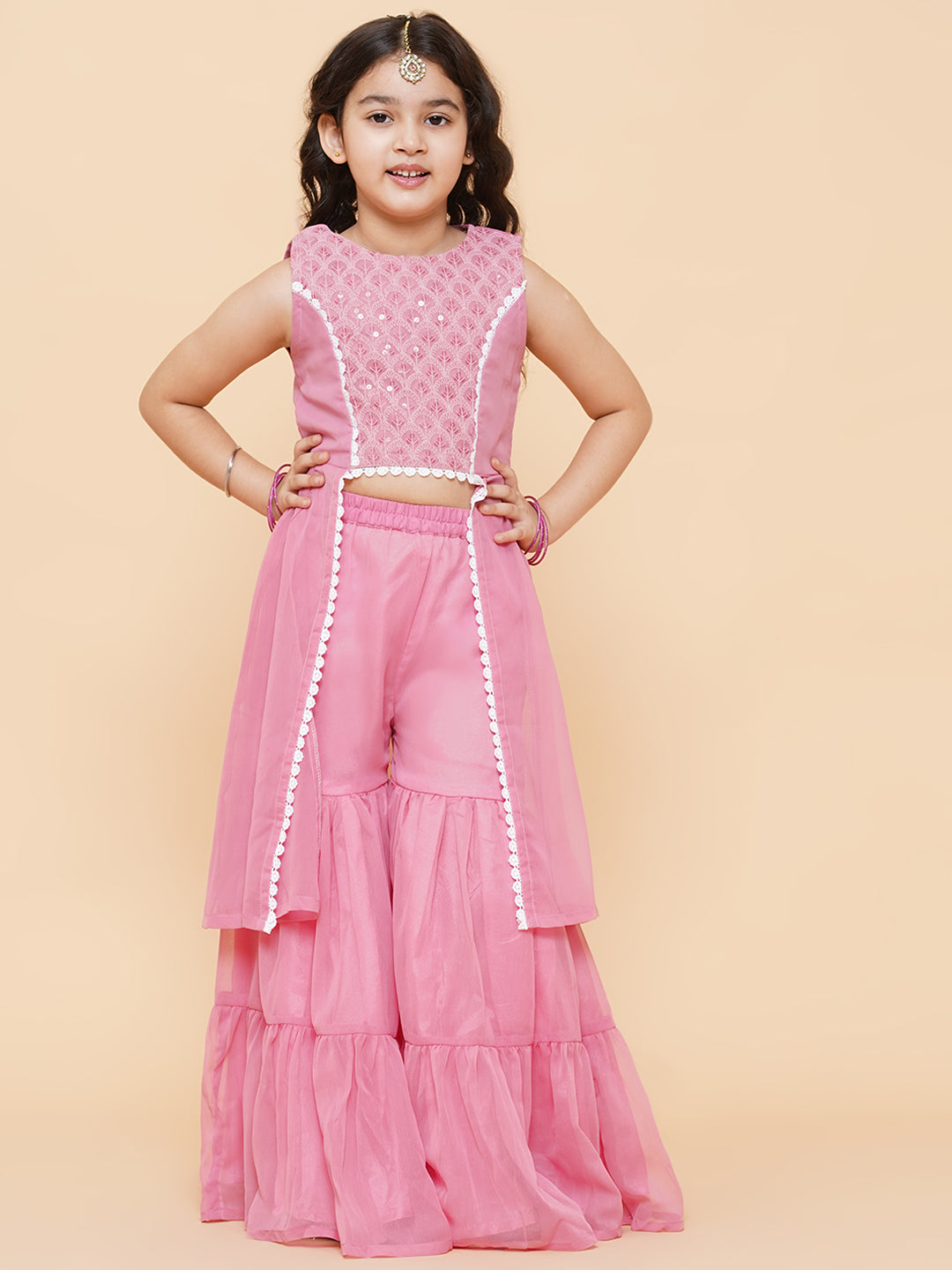 Girl's Pink Self Design Poly Georgette Straight Kurta With Sharara - Bitiya By Bhama