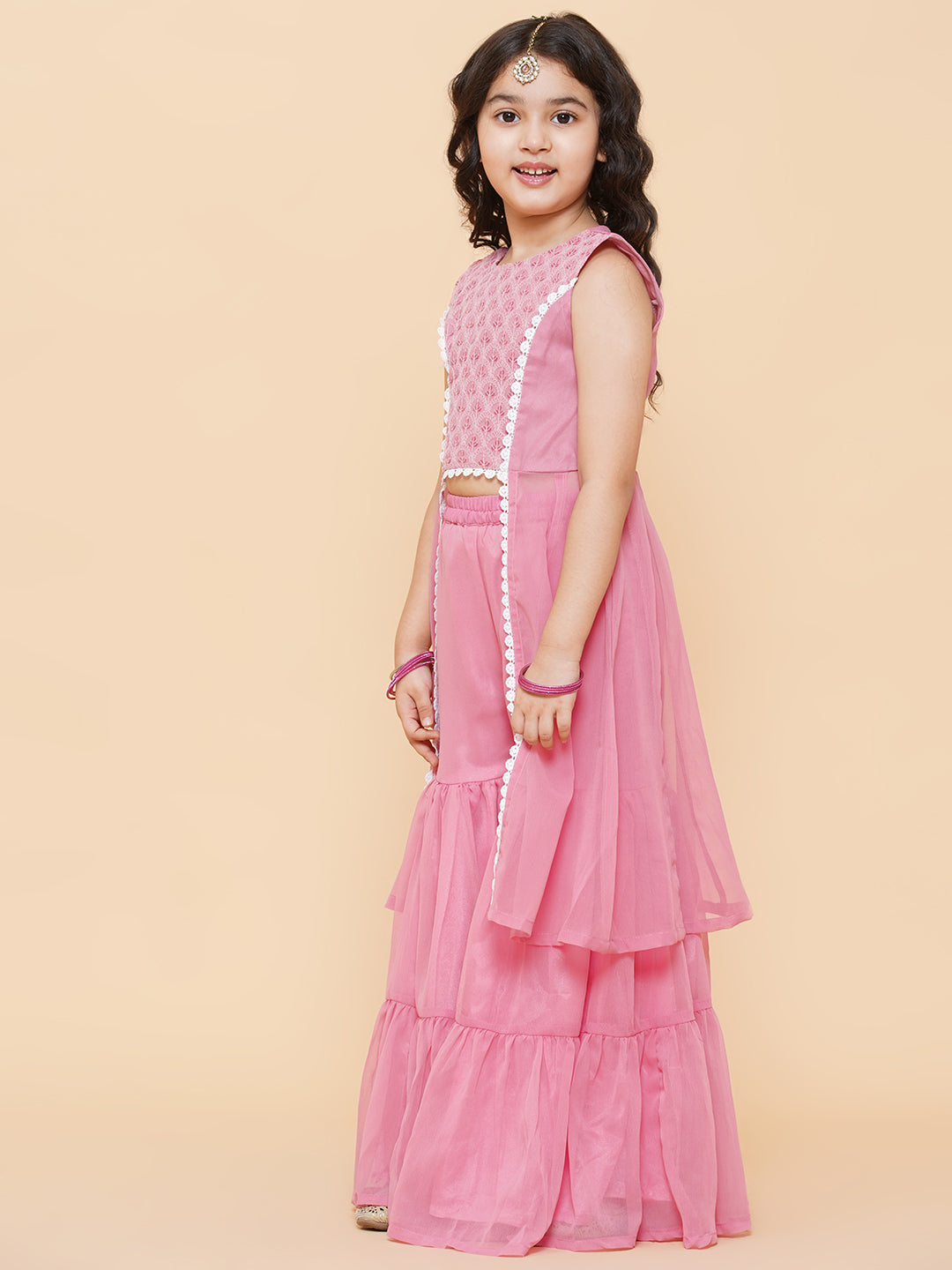 Girl's Pink Self Design Poly Georgette Straight Kurta With Sharara - Bitiya By Bhama