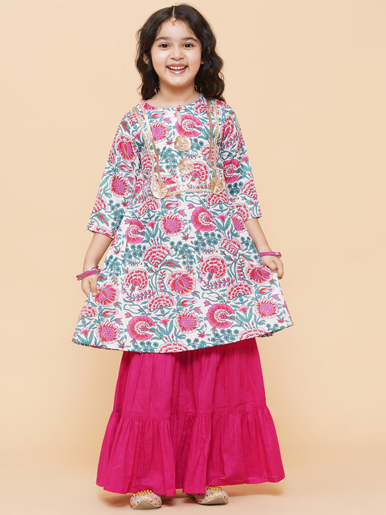 Girl's White Floral Printed  Kurta With Sharara