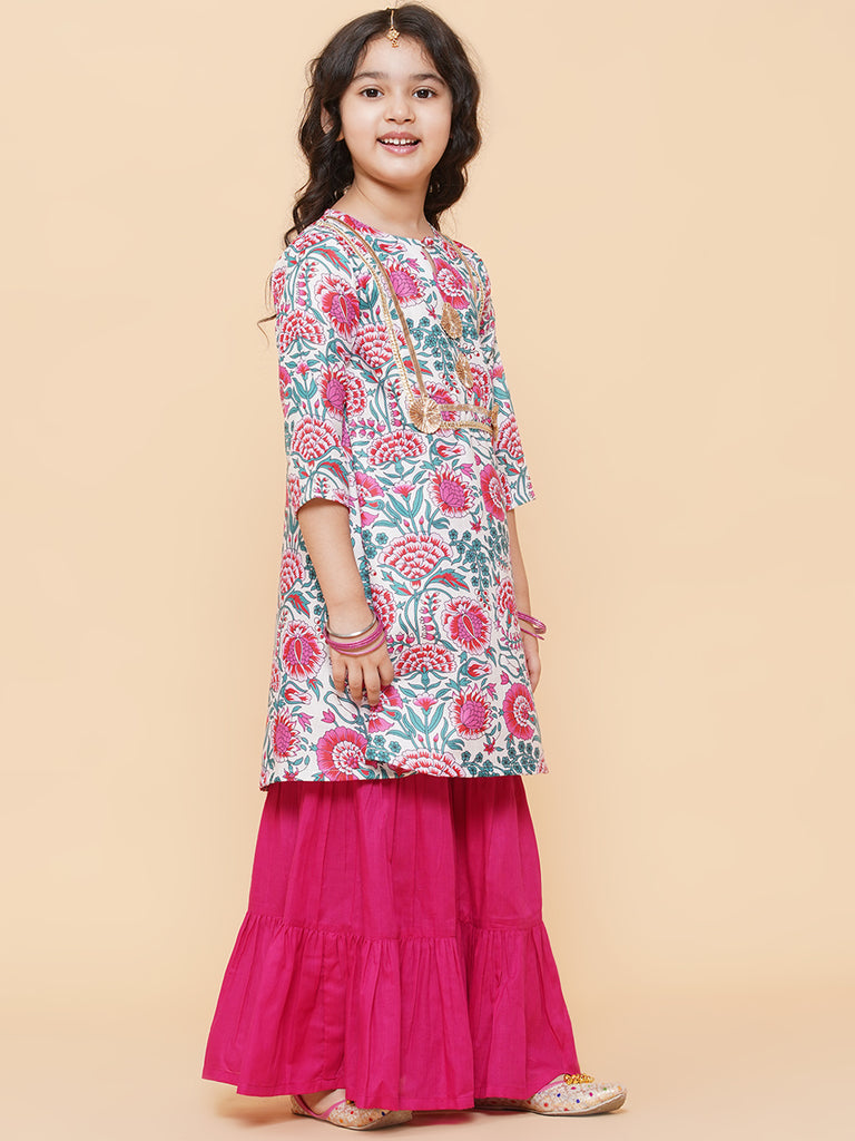 Girl's White Floral Printed  Kurta With Sharara