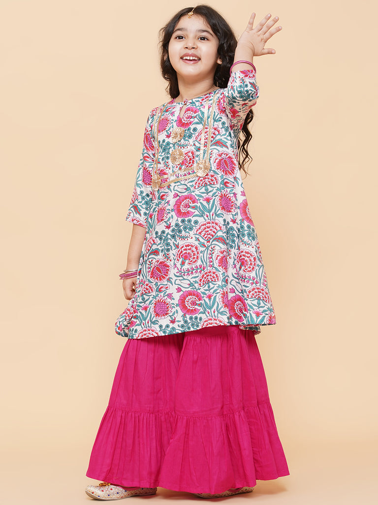 Girl's White Floral Printed  Kurta With Sharara