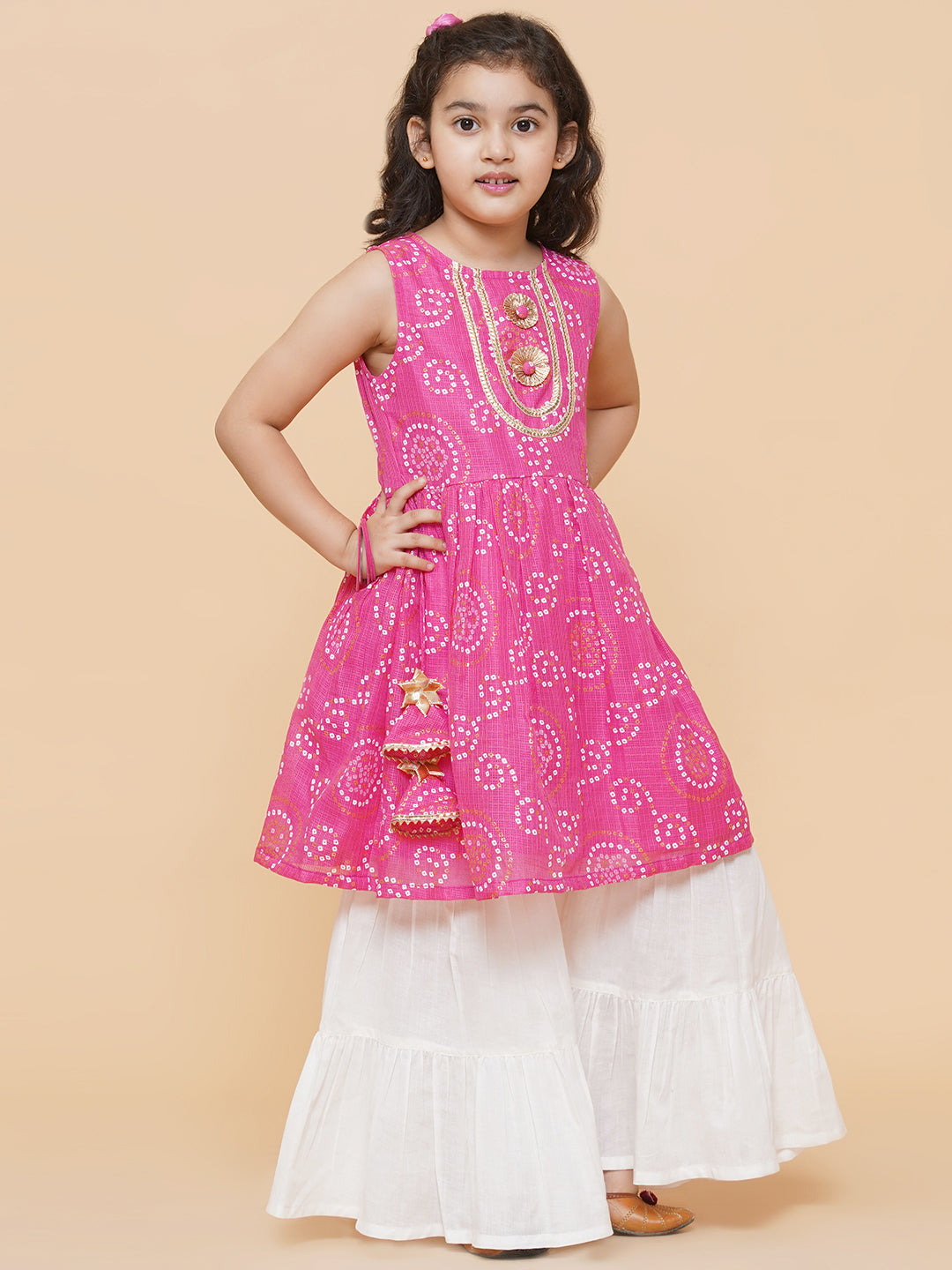 Girl's Pink  Bhandhej Printed Kurta With  Sharara - Bitiya By Bhama