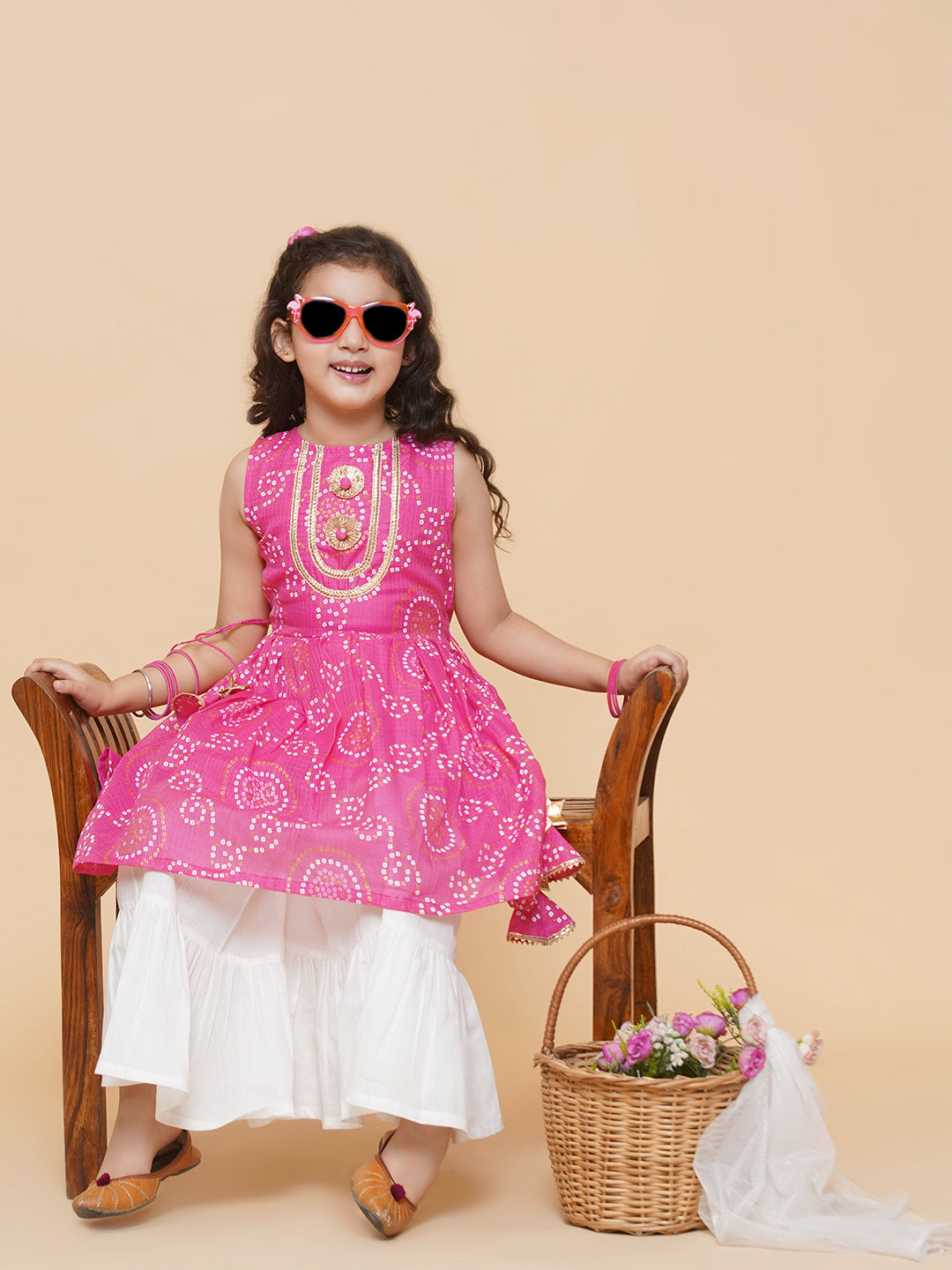 Girl's Pink  Bhandhej Printed Kurta With  Sharara - Bitiya By Bhama