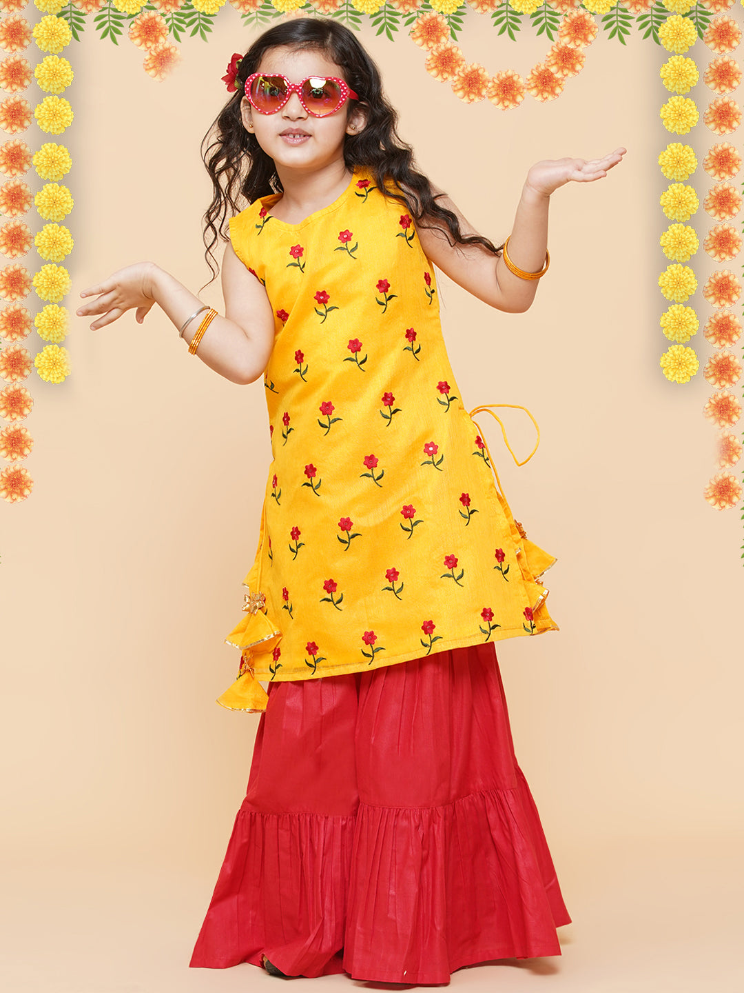 Girl's Yellow Embroidered Kurta With Sharara - Bitiya By Bhama