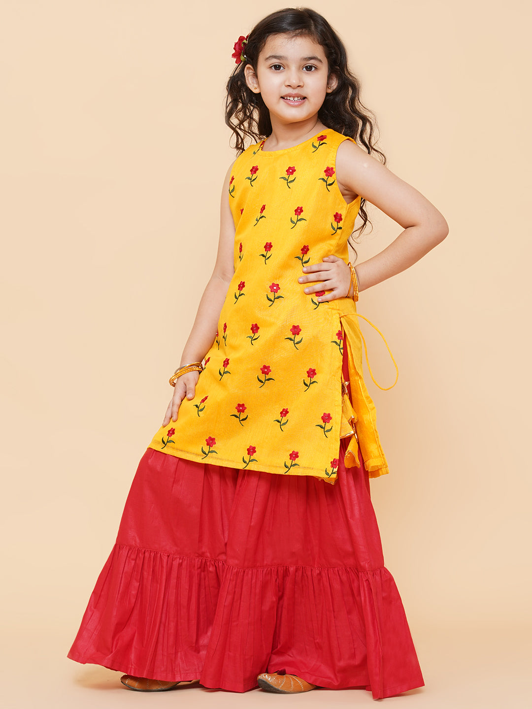 Girl's Yellow Embroidered Kurta With Sharara - Bitiya By Bhama