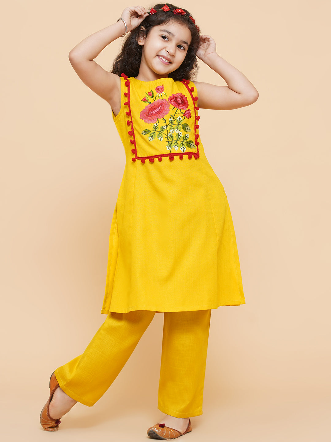 Girl's Mustard Yellow Floral Embroidered  Kurta With Palazzo - Bitiya By Bhama