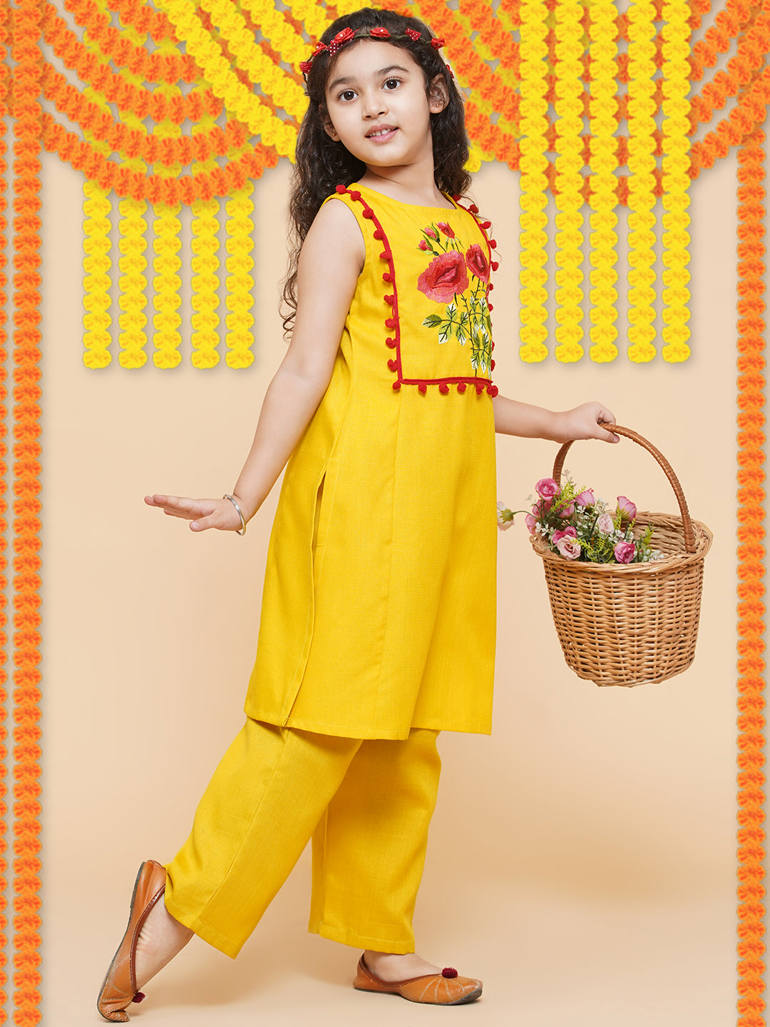 Girl's Mustard Yellow Floral Embroidered  Kurta With Palazzo - Bitiya By Bhama