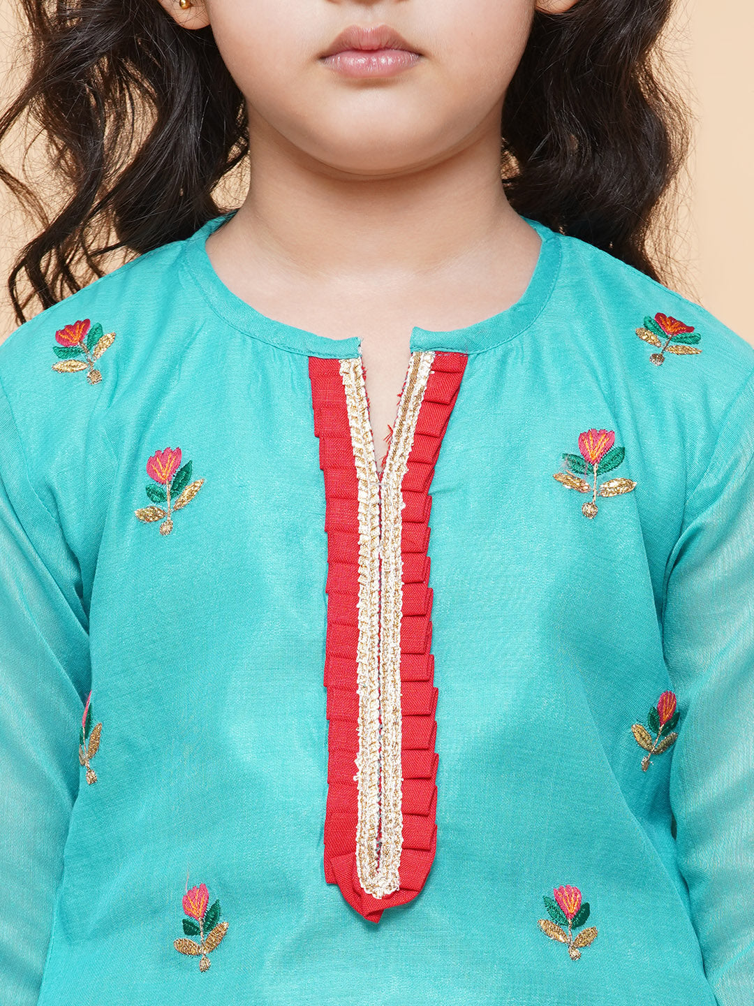 Girl's Sea Green Embroidered Kurti With Sharara  - Bitiya By Bhama