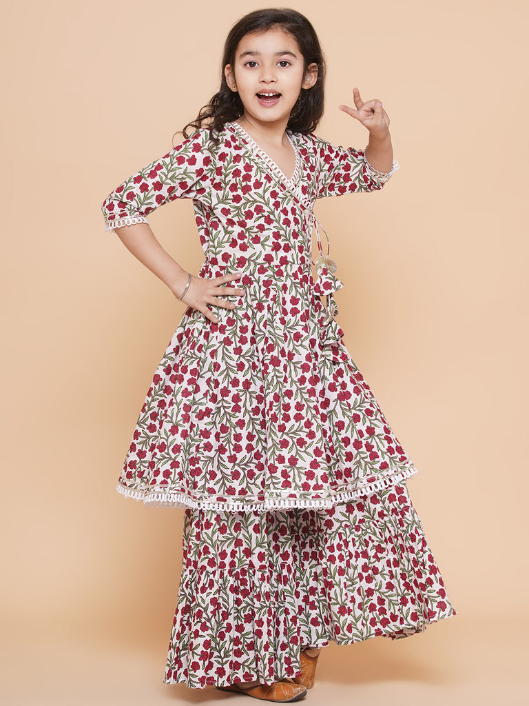 Girl's Off White Multi - Printed Kurta With Sharara