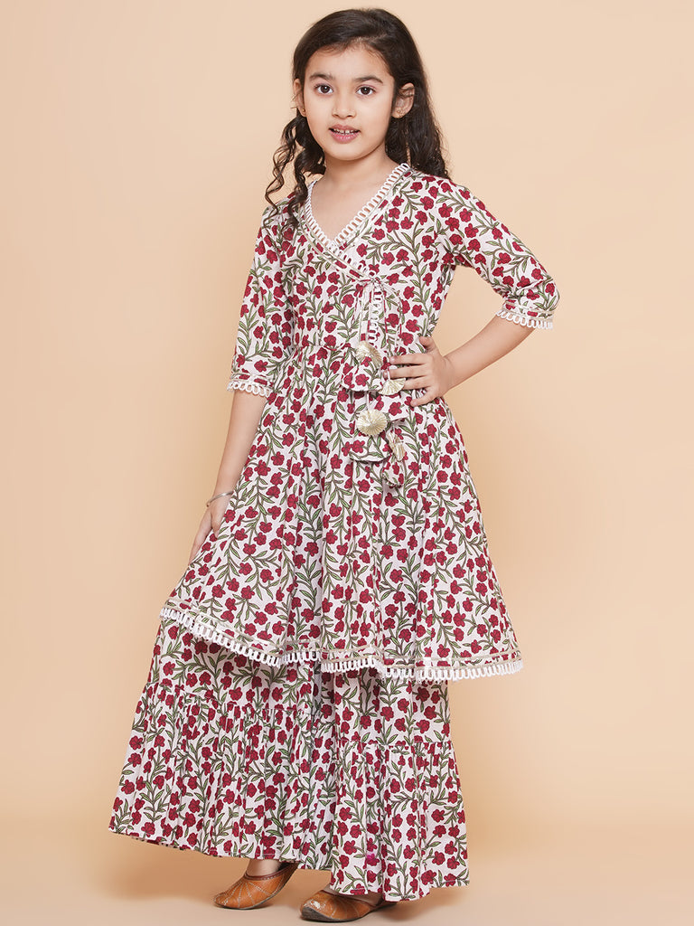 Girl's Off White Multi - Printed Kurta With Sharara