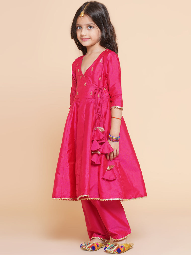 Girl's Pink Embroidered Kurta With Trousers & With Dupatta