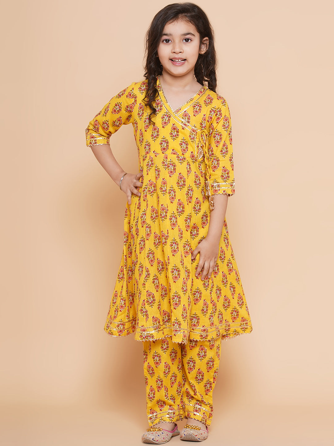Girl's Yellow Printed Kurta With Trousers
