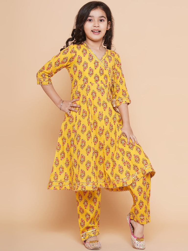 Girl's Yellow Printed Kurta With Trousers