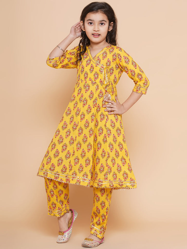Girl's Yellow Printed Kurta With Trousers