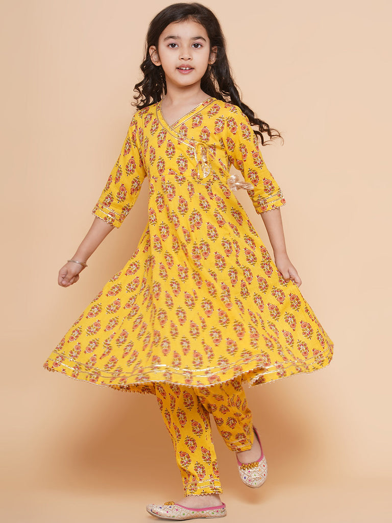 Girl's Yellow Printed Kurta With Trousers