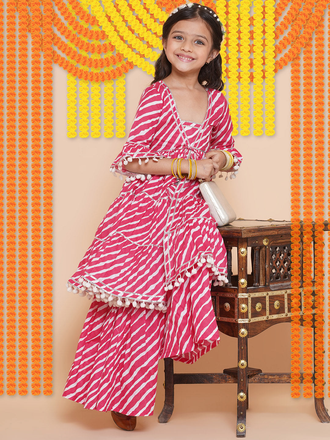 Girl's  Pink Leheriya  Printed With Gotta Patti Lace Kurta With Sharara - Bitiya By Bhama