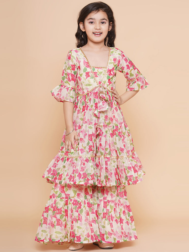 Girl's Cream Multi Printed Kurta With Sharara