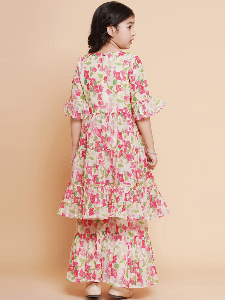 Girl's Cream Multi Printed Kurta With Sharara