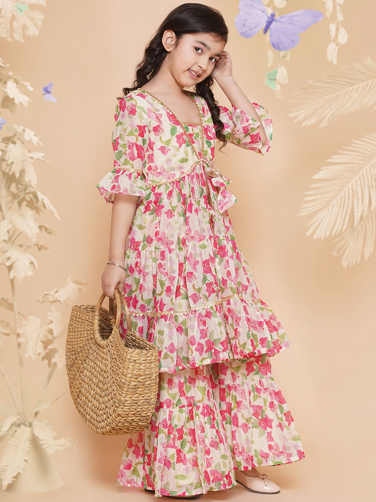 Girl's Cream Multi Printed Kurta With Sharara