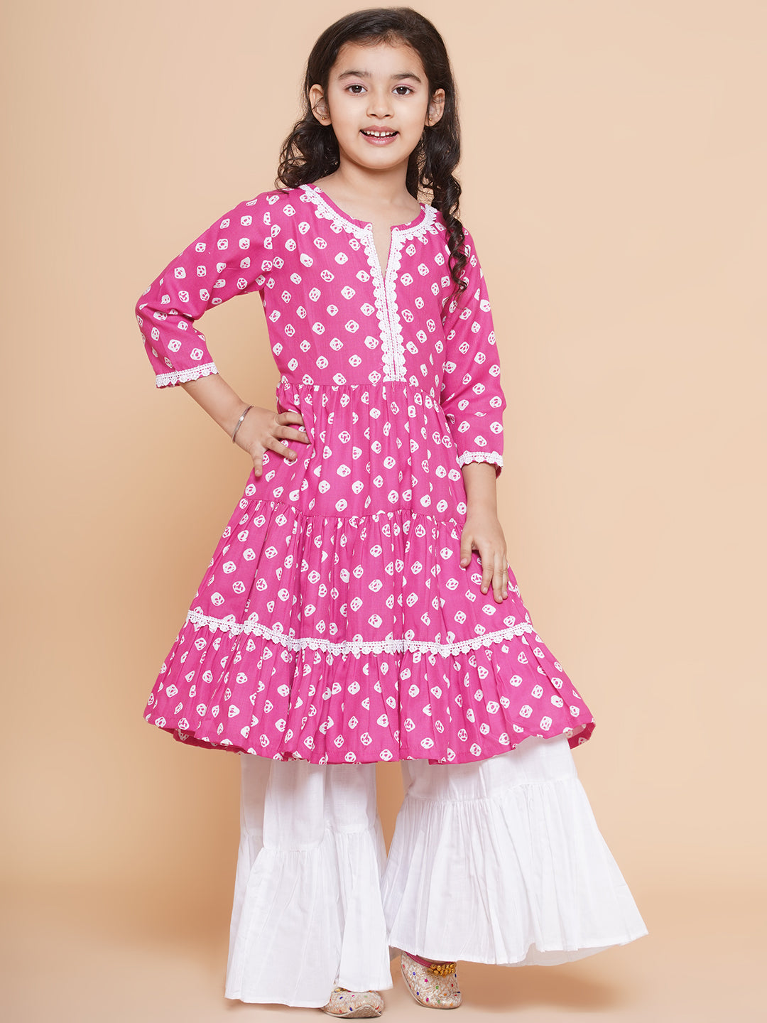 Girl's  Pink  Bandhani  Printed With Cotton Flower Lace Kurta With Sharara - Bitiya By Bhama