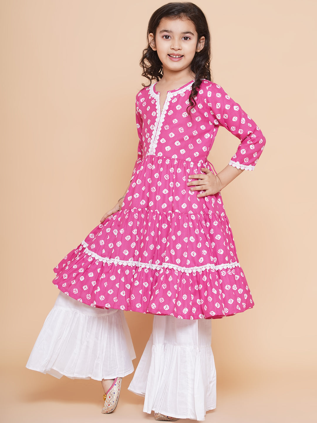 Girl's  Pink  Bandhani  Printed With Cotton Flower Lace Kurta With Sharara - Bitiya By Bhama