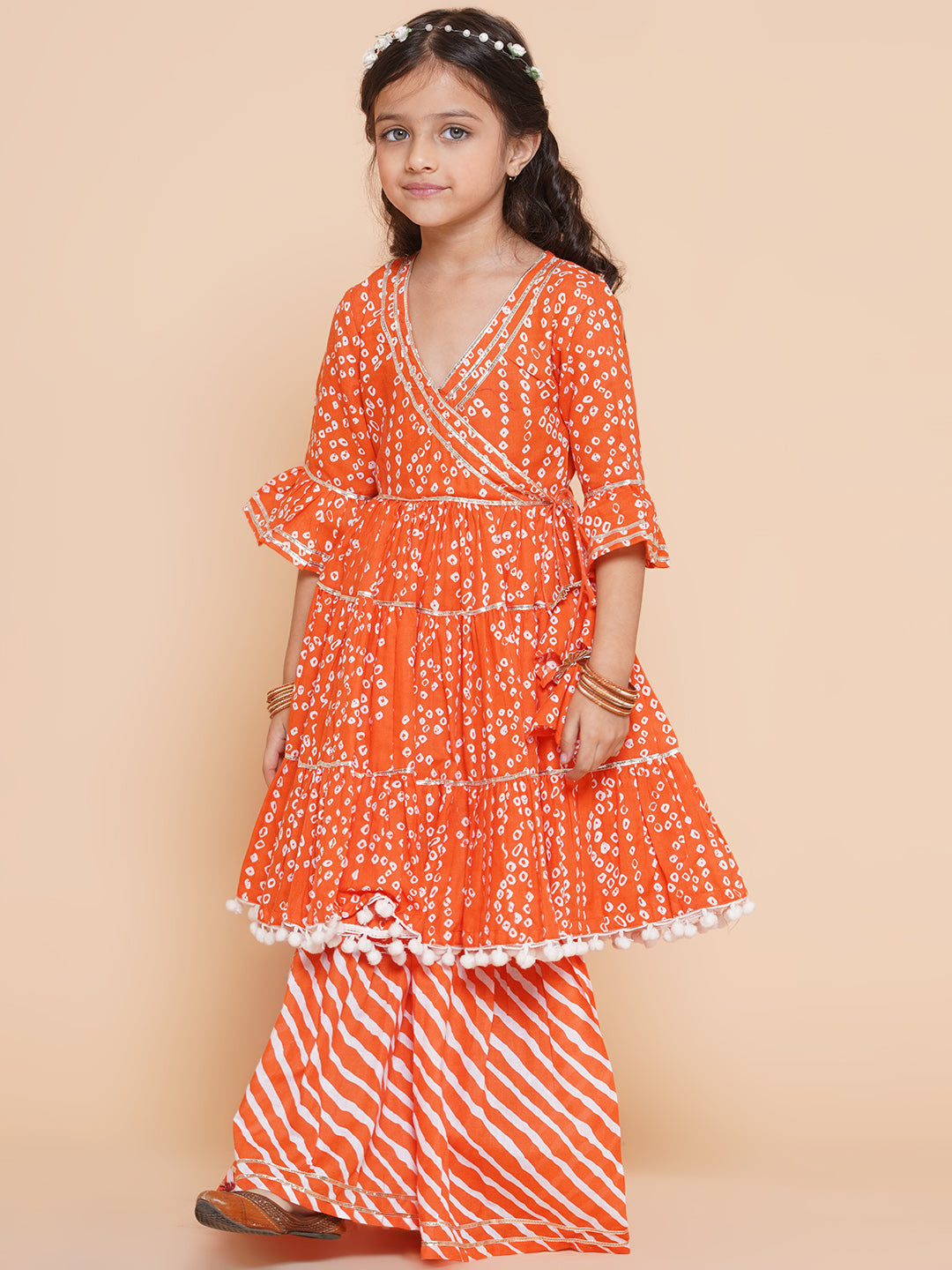 Girl's  Orange Bandhani Printed With Gotta Patti Lace Kurta With Sharara - Bitiya By Bhama